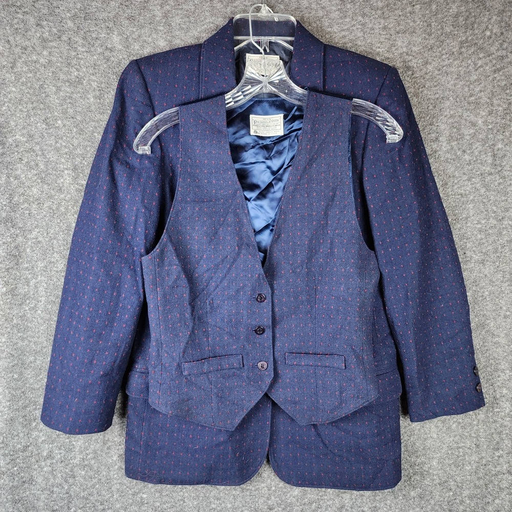 Pendleton Wool Suit Set Mens Navy Blue Red Micro-pattern Blazer Vest Vintage USA